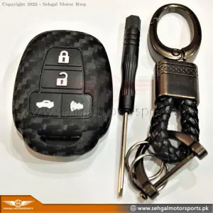 Toyota Corolla Carbon Fiber TPU Plastic Key Cover With Keychain - Model 2014-2017