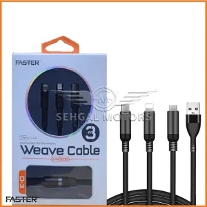 Faster Car Charger Weave Cable FCD3 | 3 In 1 Fast Charging Cable