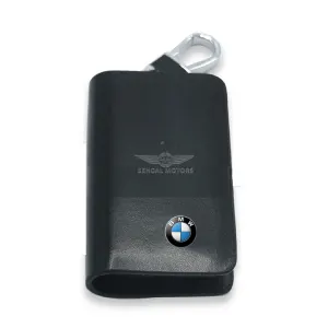 BMW Glossy Leather Key Cover Pouch Black with Keychain Ring