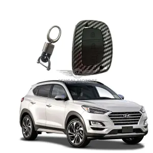 Hyundai Tucson Carbon Fiber TPU Plastic Protection Key Cover With Keychain - Model 2020 - 2021