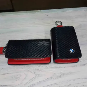 BMW Zipper Carbon Fiber Leather Key Cover Pouch Black with Keychain Ring