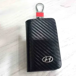 Hyundai Zipper Carbon Fiber Leather Key Cover Pouch Black with Keychain Ring