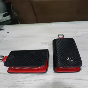 KIA Zipper Carbon Fiber Leather Key Cover Pouch Black with Keychain Ring