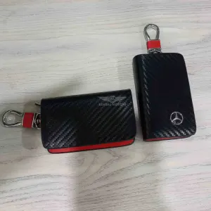 Zipper Carbon Fiber Leather Key Cover Pouch Black With Keychain Ring