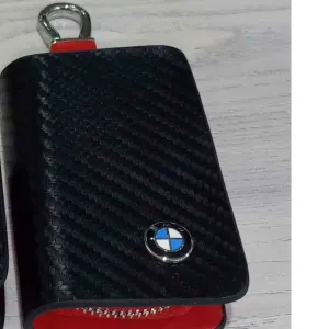 Audi Zipper Carbon Fiber Leather Key Cover Pouch Black With Keychain Ring